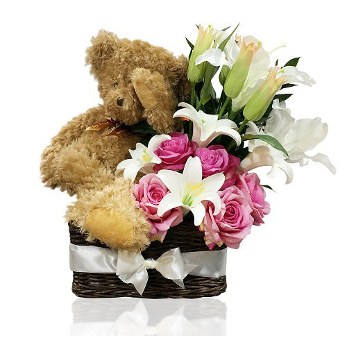 Teddy Bear with Flowers Gift Basket - Dubai