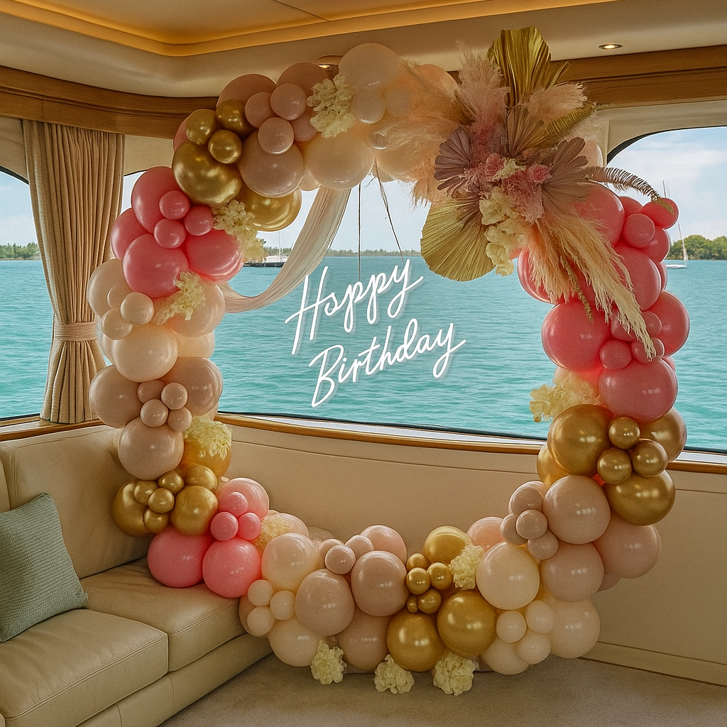 Balloon arch with 'Happy Birthday' sign on a boat with water view