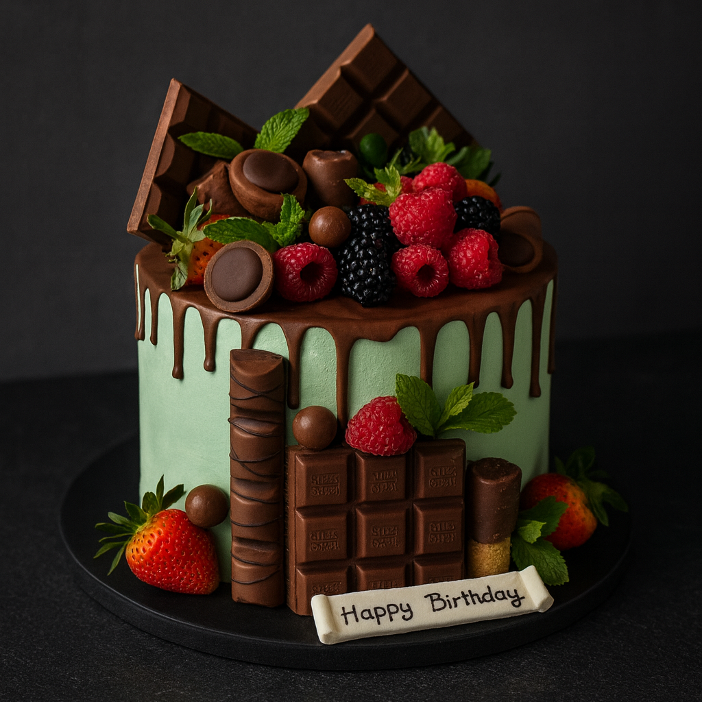 Decorative birthday cake with chocolate bars, berries, and a 'Happy Birthday' sign on a dark background
