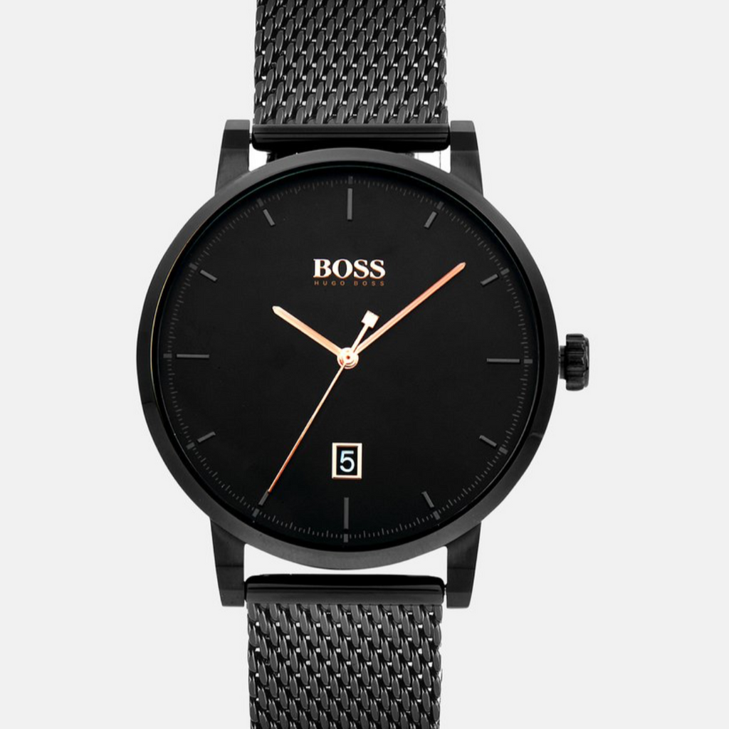 Black watch with mesh strap on a white background