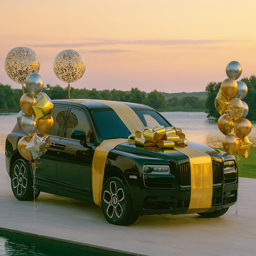 Decorated black SUV with gold ribbon and balloons by a lake at sunset