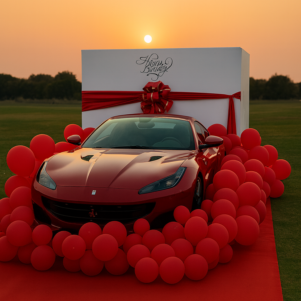 Red sports car with red balloons and a white box with a red ribbon against an orange sunset sky.