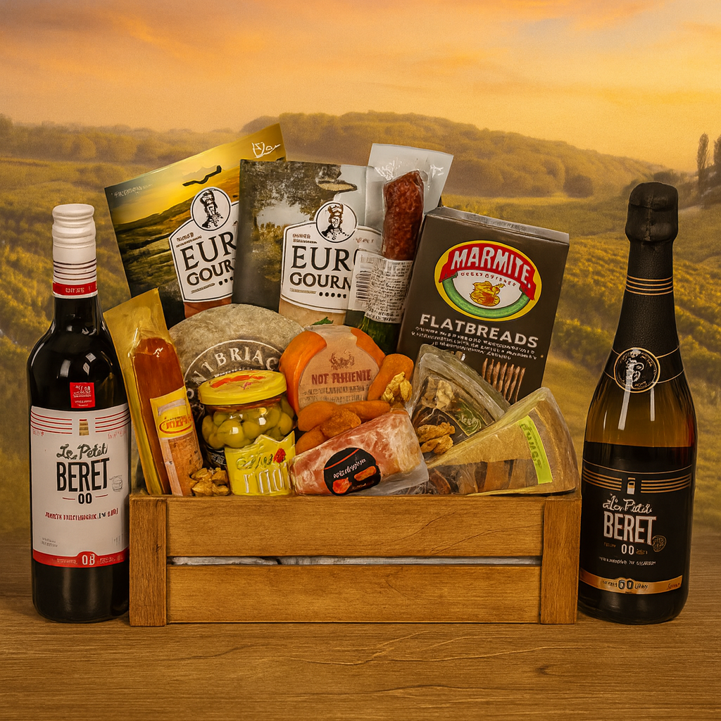 Gourmet gift basket with wine and beer bottles against a scenic background