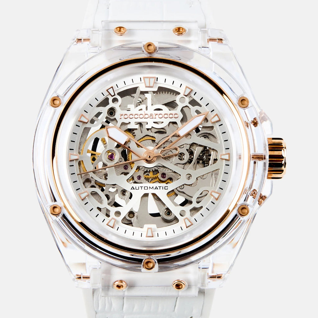 White wristwatch with transparent case and rose gold accents on a white background