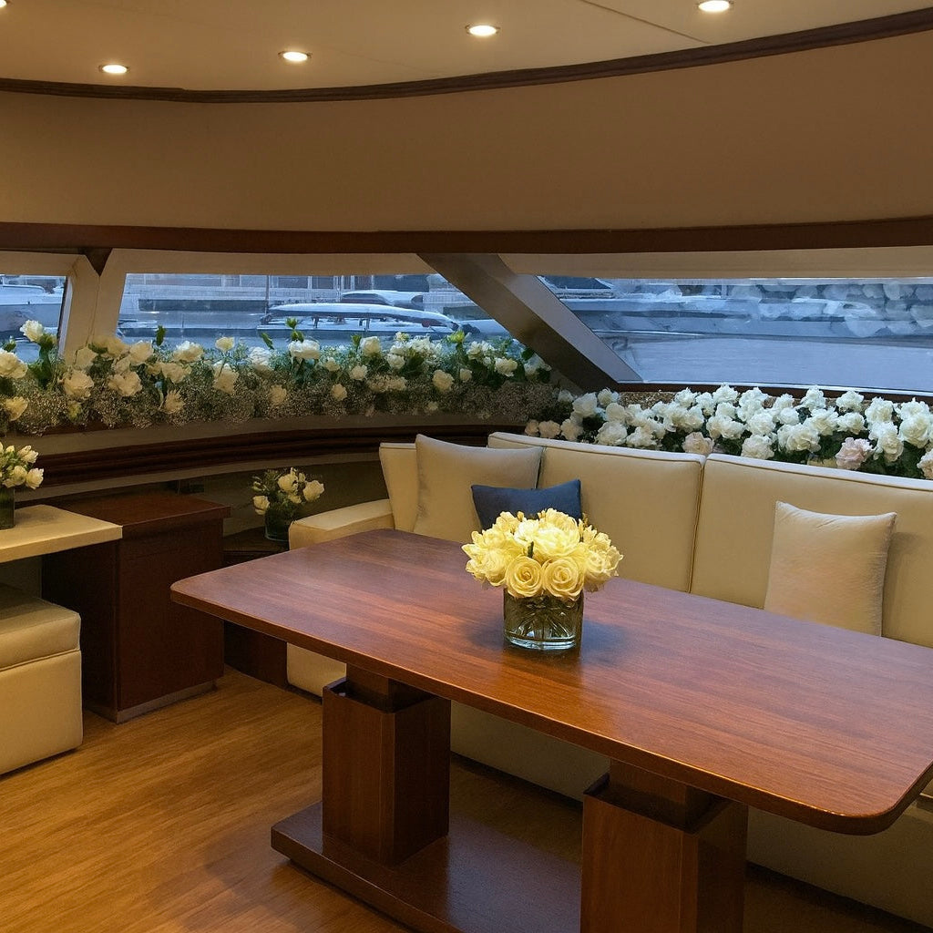 Yacht interior with a table, chairs, and floral arrangements.