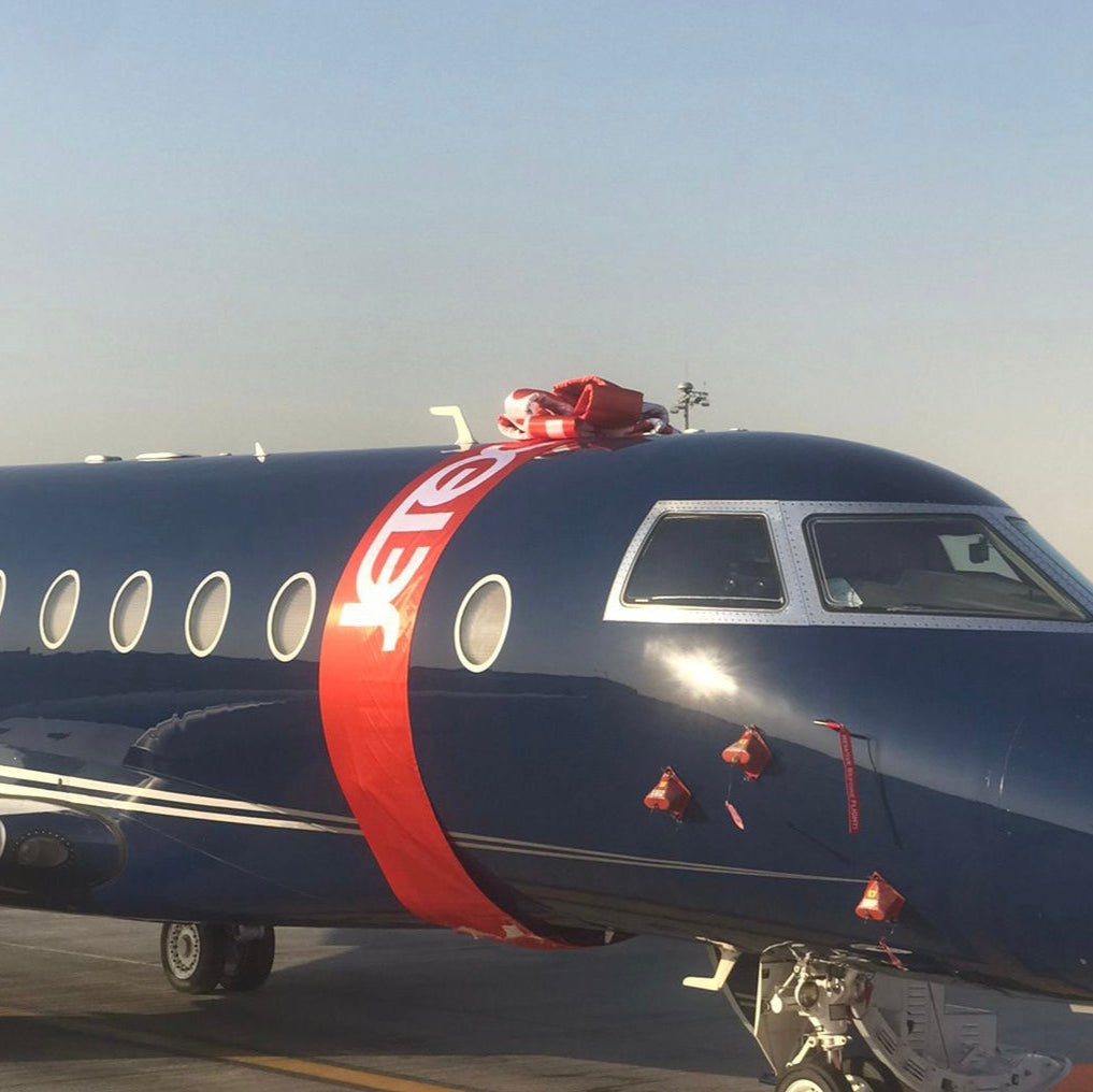 Blue airplane with a red logo on a clear day