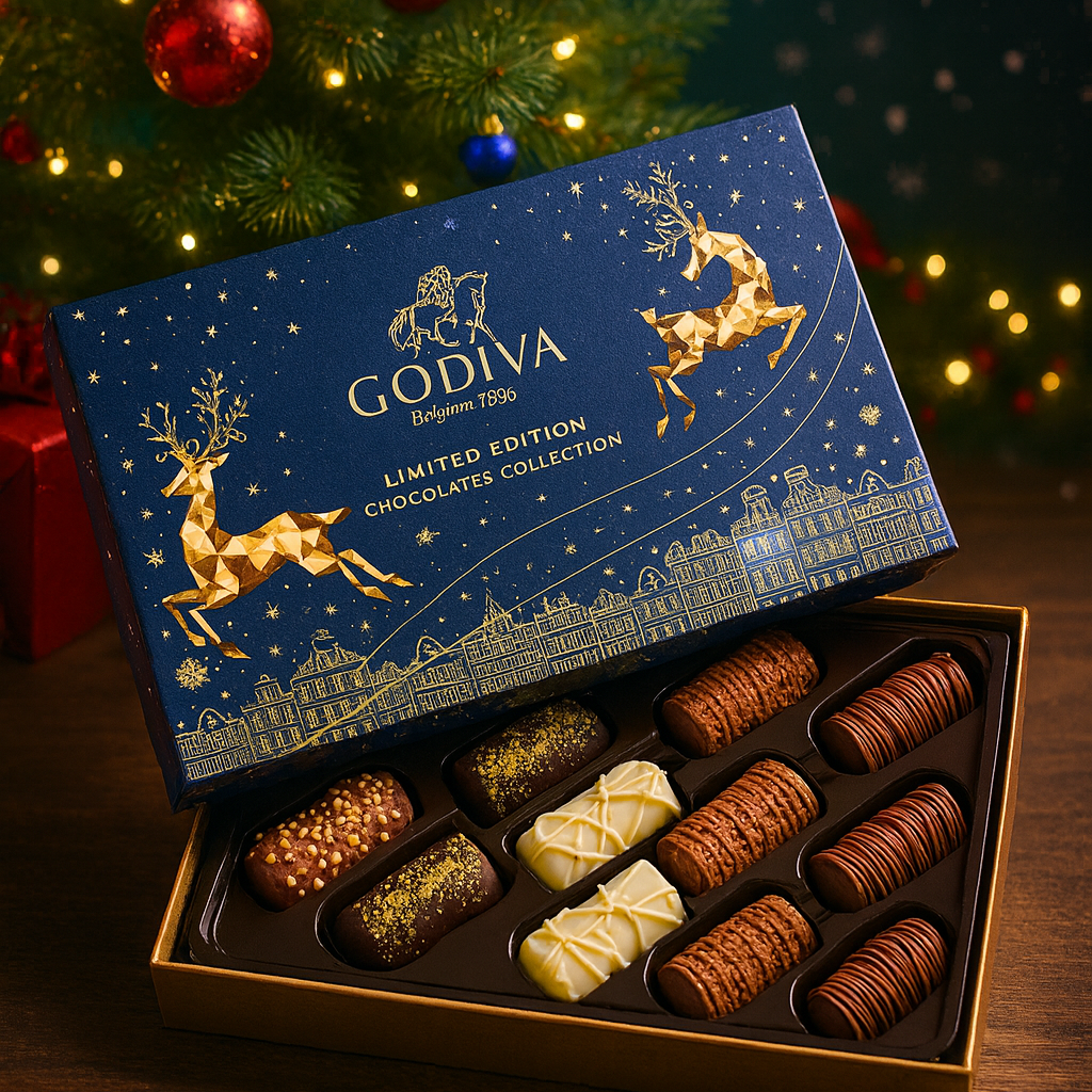 Godiva chocolate box with Christmas-themed design in front of a decorated tree.