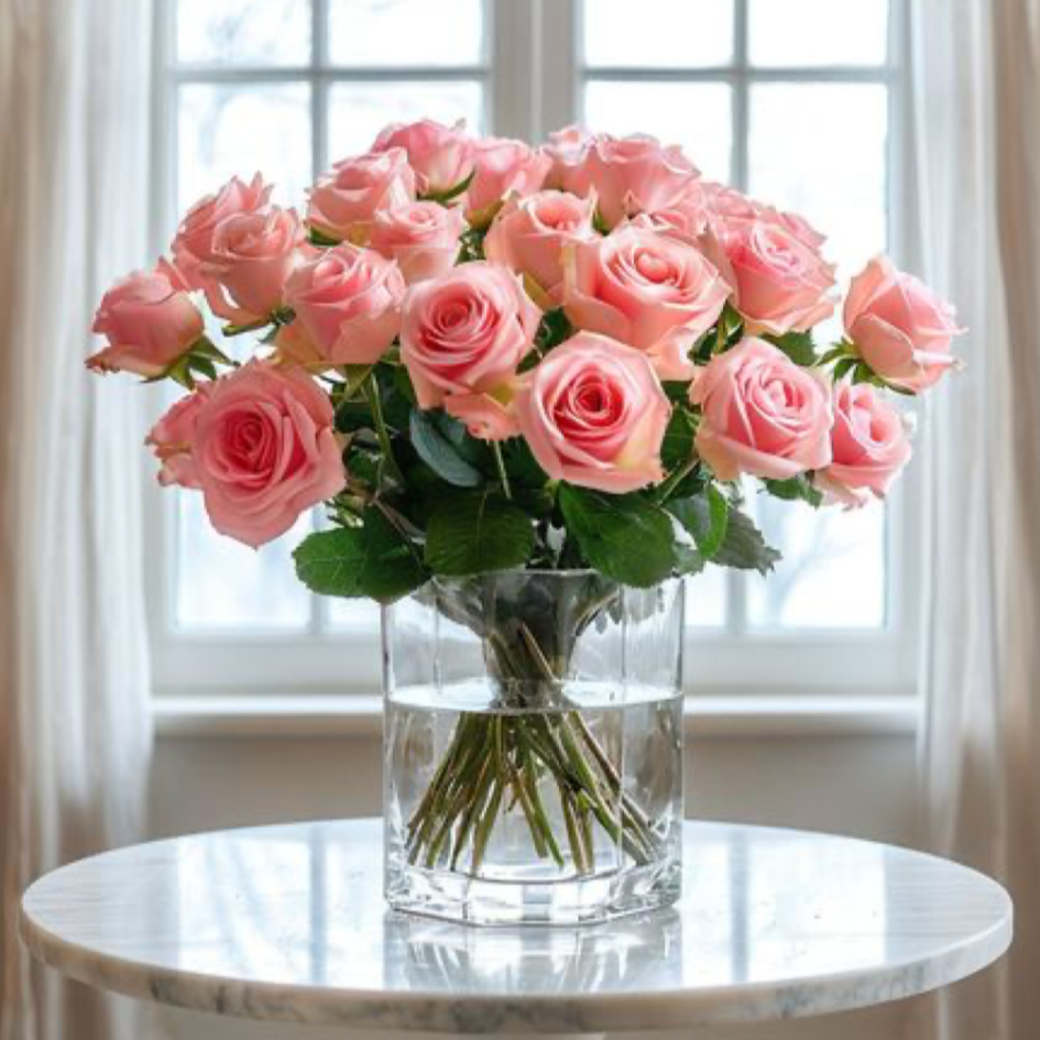 Bouquet of pink roses in a clear vase on a round table with a window in the background.