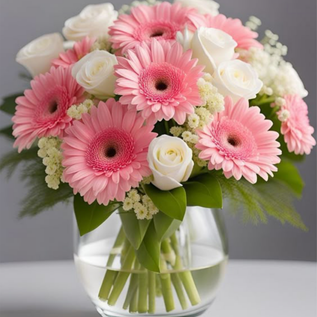 Bouquet of pink and white flowers in a clear vase on a gray background