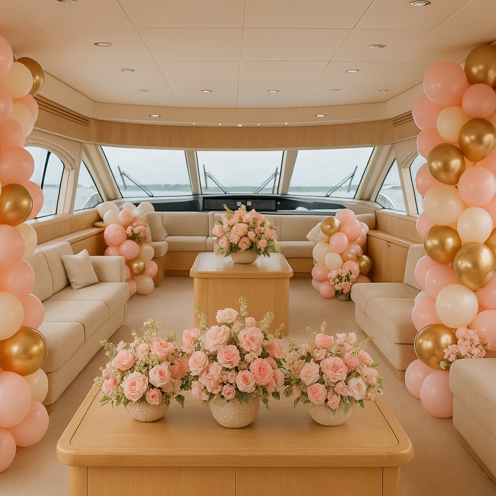 Decorated interior of a boat with pink and gold balloons and floral arrangements.