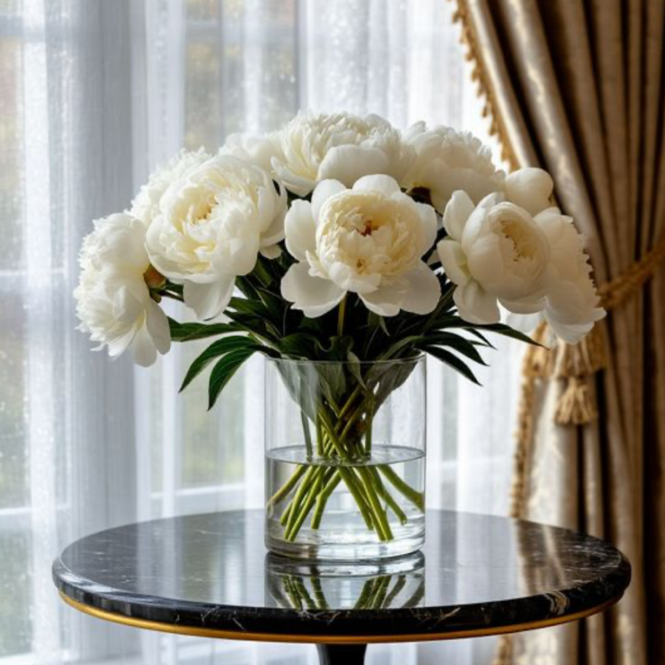 Bouquet of white flowers in a clear vase on a round black table with a blurred background