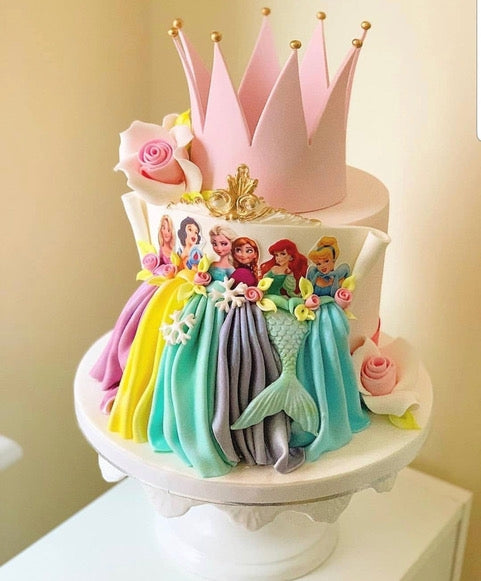 2 Tier Pink Disney Buttercream Birthday Cake With Disney Princesses (Elsa,  Belle, Cinderella & Ariel) Edible Images - CakeCentral.com