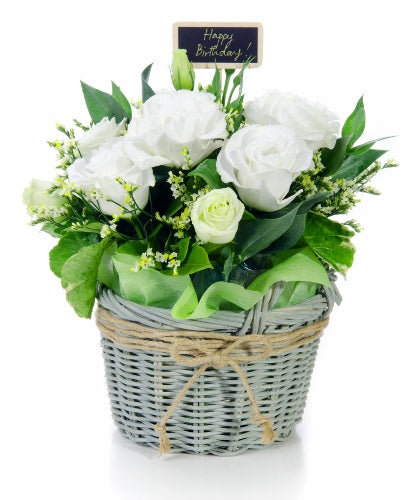 White Birthday Roses Basket Dubai